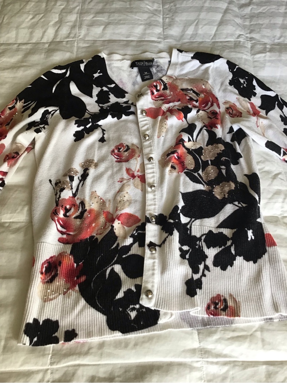 White House Black Market White Cardigan with Black Floral and Pink Rose Accents